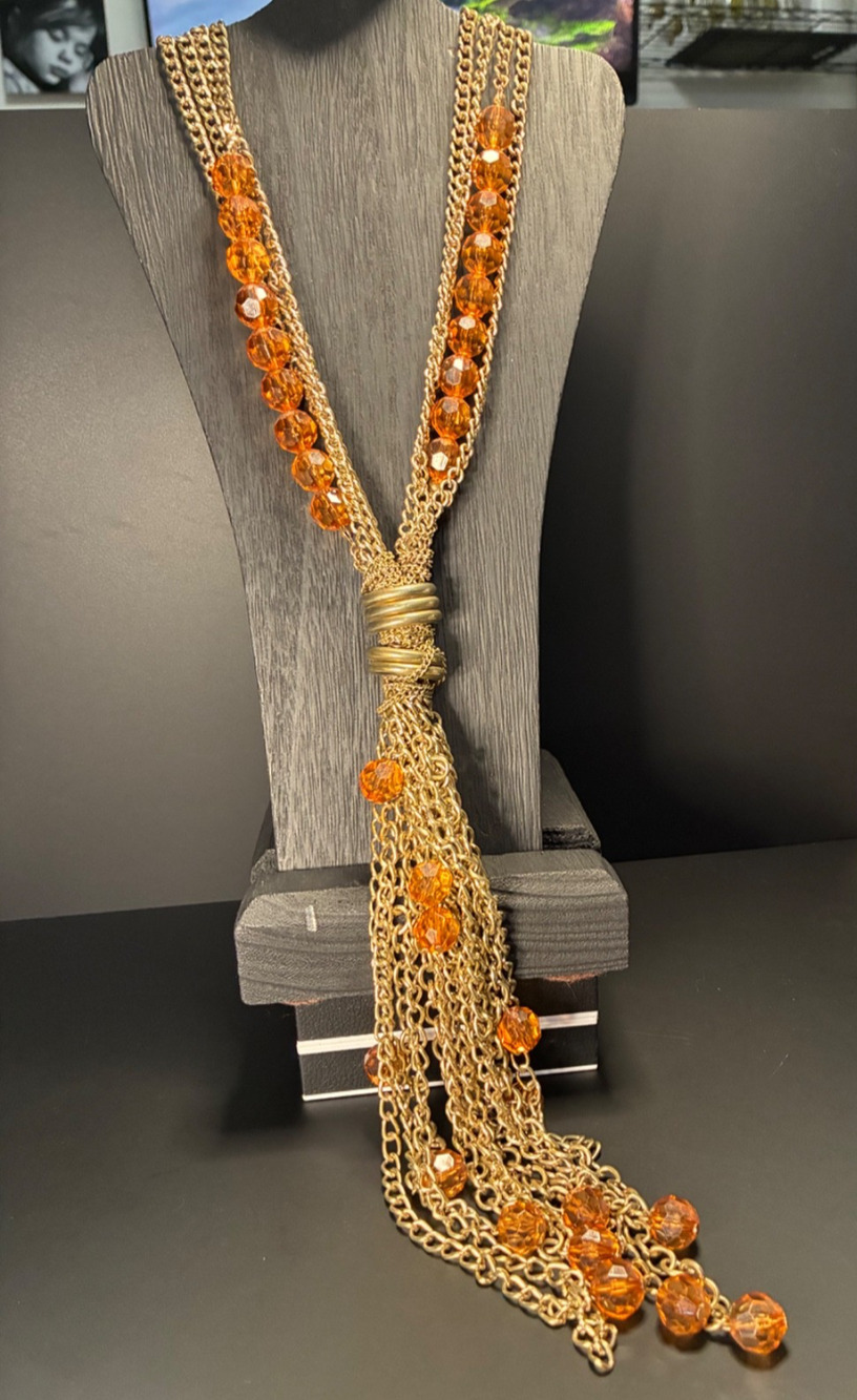 Vintage Gold Chain Fringe Necklace Amber Faceted Bead Statement